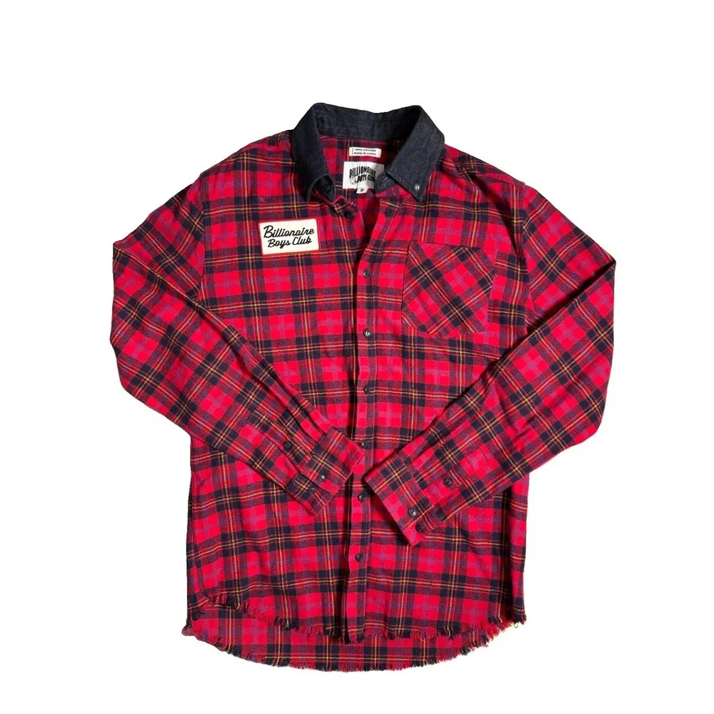 Billionaire Boys Club Logo Checked Red Flannel Overshirt Jacket Raw Mens Medium